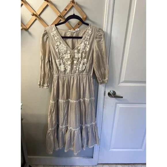LUCKY BRAND Maxi MIDI Dress Boho Tiered Beige Embroidered Cottagecore Lined  Sm
